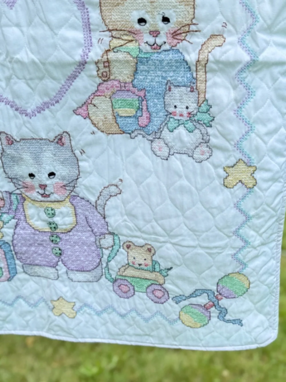 New 1990s Finished Baby Blanket Cross Stitch Kittens Cats Quilted Green Lining